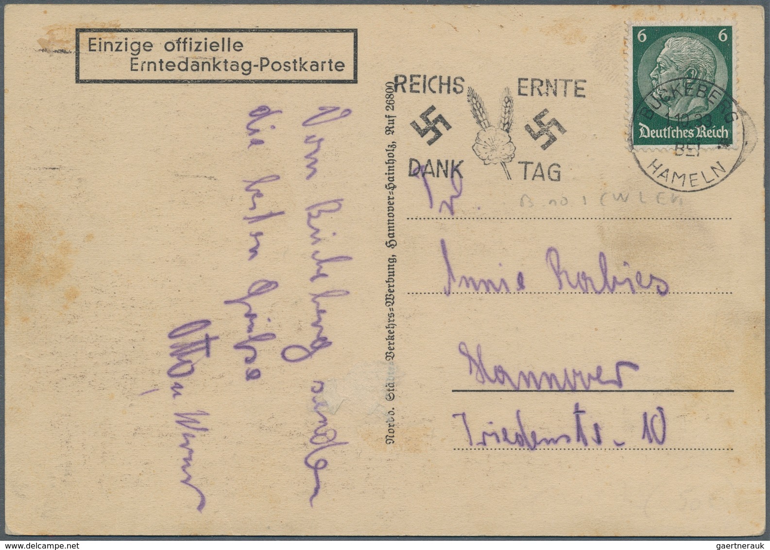 Ansichtskarten: Propaganda: 1933, "Deutscher Erntedank" Einzige Offizielle Erntedank-Postkarte Mit E - Political Parties & Elections