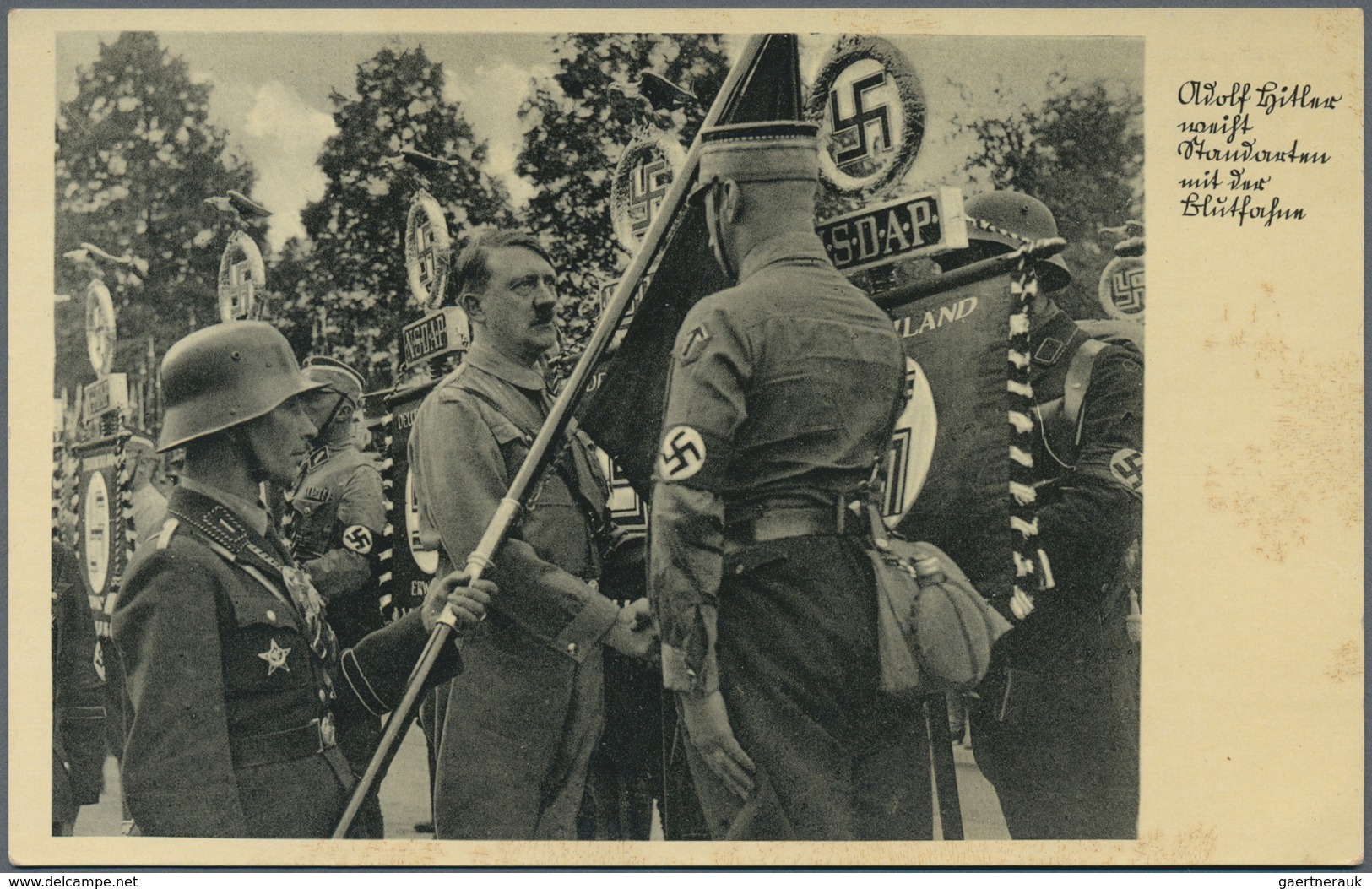 Ansichtskarten: Propaganda: 1934, "Adolf Hitler Grüßt Standarten Mit Der Blutfahne" Kleinformatige S - Political Parties & Elections