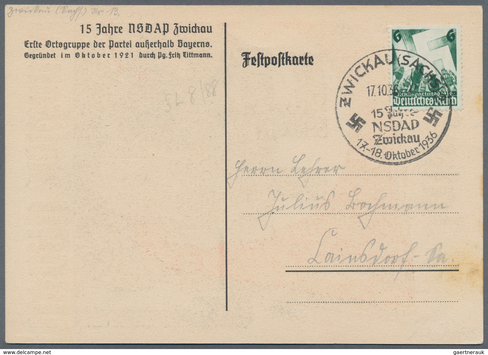 Ansichtskarten: Propaganda: 1936. Scarce 15th Anniversary Zwickau Nazi Party SA Celebration For Zwic - Parteien & Wahlen