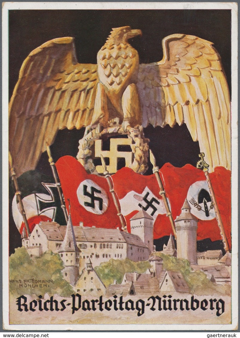 Ansichtskarten: Propaganda: 1937, "REICHSPARTEITAG NÜRNBERG", Kolorierte Propagandakarte NS-Fahnen, - Political Parties & Elections