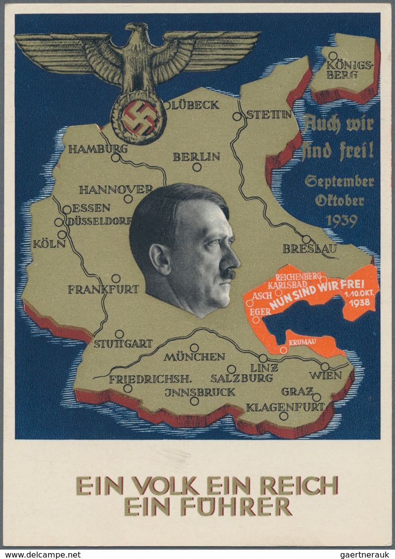 Ansichtskarten: Propaganda: 1938/1939. Farbkarte Sudetenland-Befreiung 1938 Mit Bildseitig Aufgekleb - Political Parties & Elections