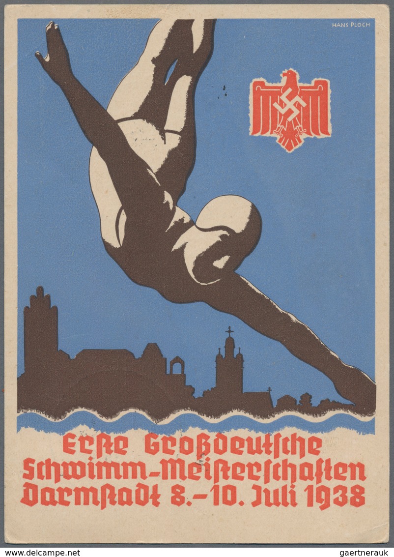 Ansichtskarten: Propaganda: 1938, "Erste Großdeutsche Schwimm-Meisterschaft Darmstadt 1938" Farbige - Parteien & Wahlen