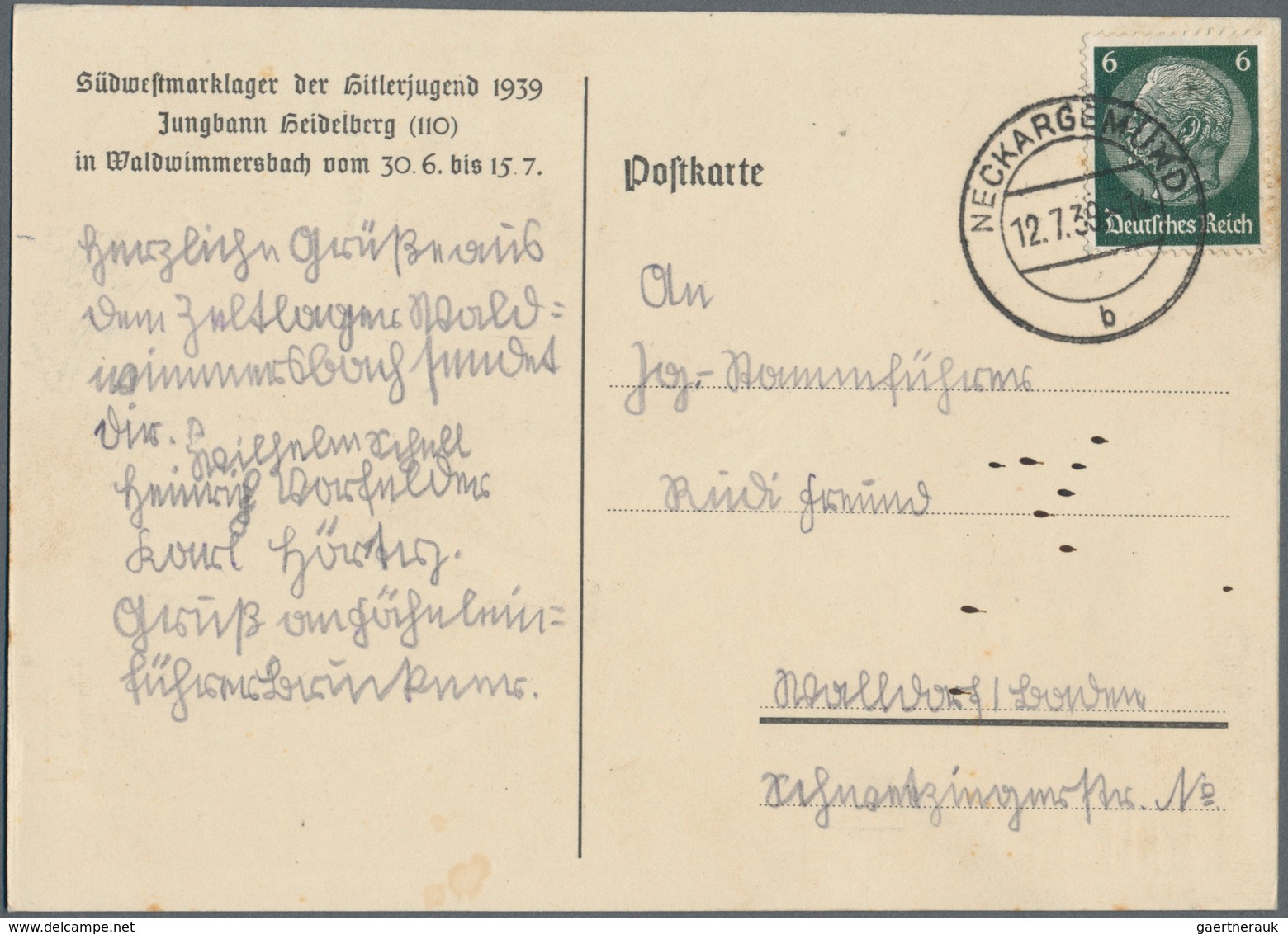 Ansichtskarten: Propaganda: 1939, "Jungbannlager Jungbann 110 Heidelberg", Großformatige Propagandak - Politieke Partijen & Verkiezingen