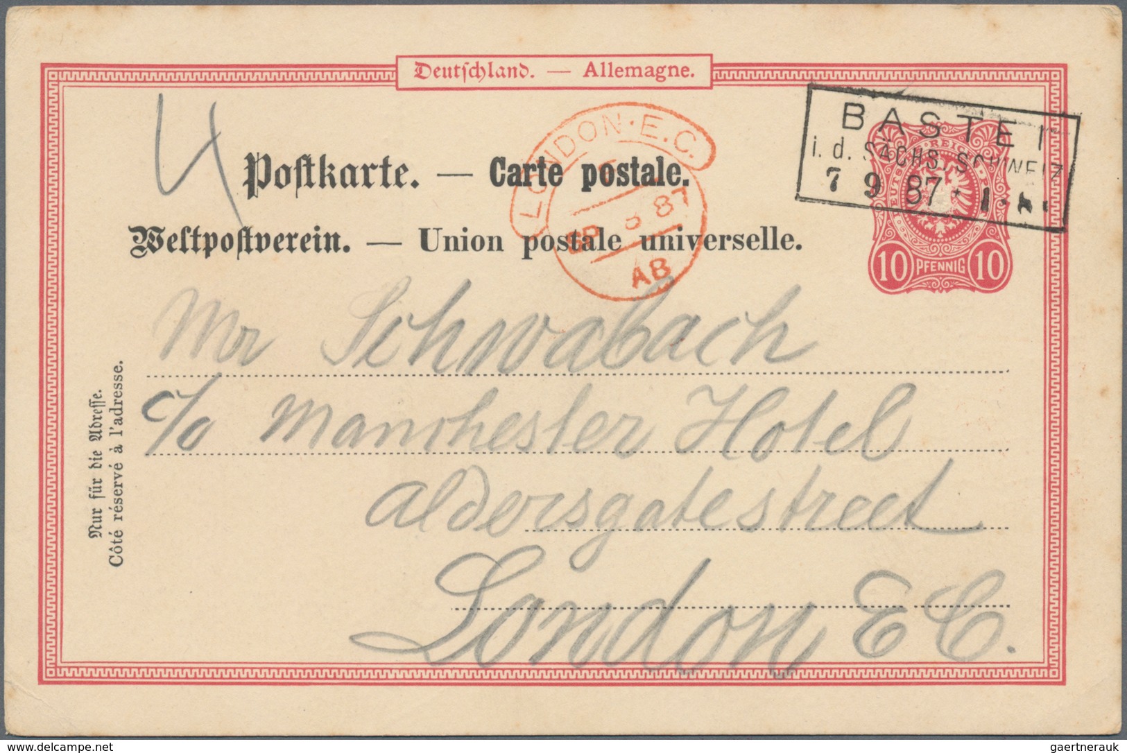 Ansichtskarten: Vorläufer: 1887, BASTEI (Sächs. Schweiz), Vorläuferkarte 10 Pf Rot Mit R3 BASTEI 7.9 - Non Classés