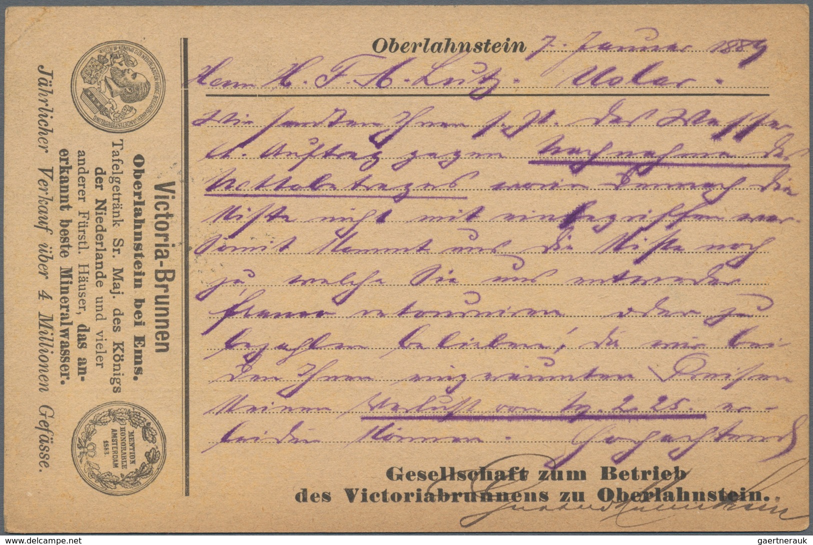 Ansichtskarten: Vorläufer: 1889, Oberlahnstein Victoria-Brunnen, Avis-Karte 5 Pf. Lila Mit K1 OBERLA - Unclassified
