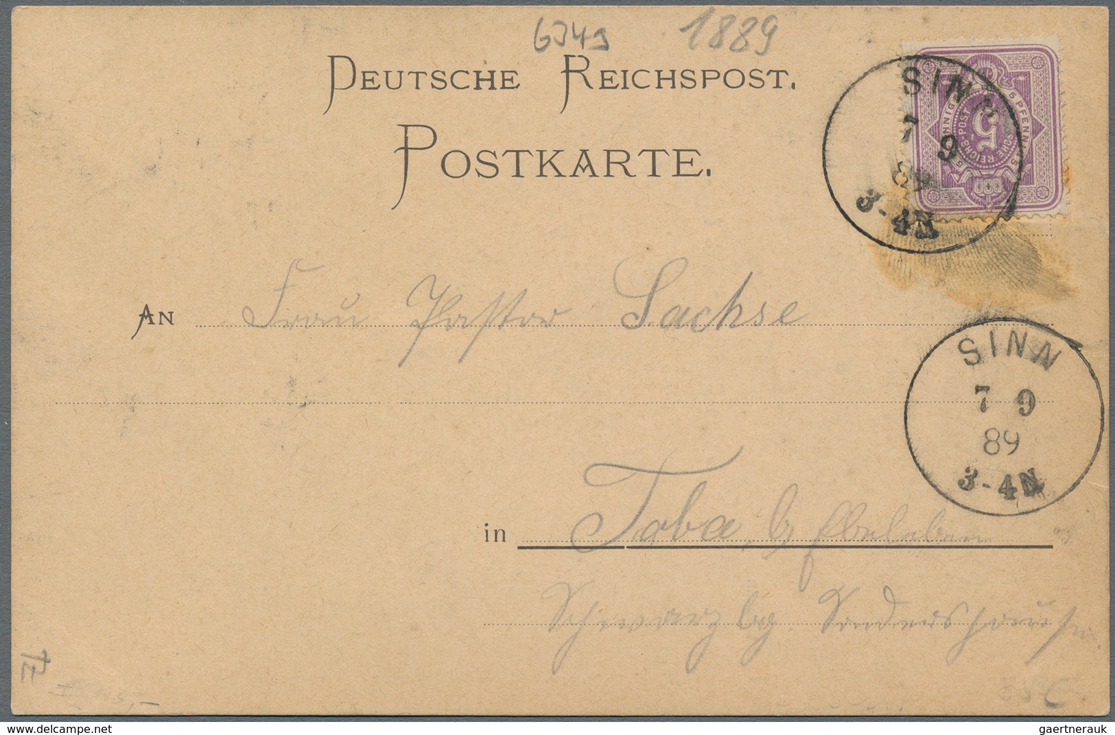 Ansichtskarten: Vorläufer: 1889, RUINE GREIFENSTEIN, Vorläuferkarte 5 Pf. Lila Mit K1 SINN / 7.9.89 - Unclassified