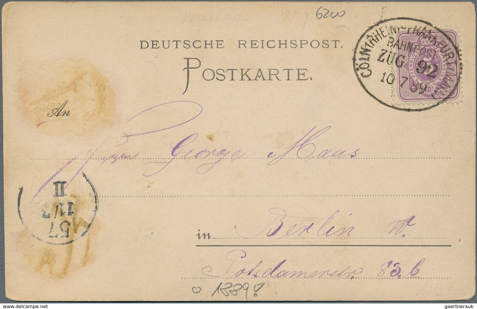 Ansichtskarten: Vorläufer: 1889, WIESBADEN, Vorläuferkarte 5 Pf. Lila Mit Bahnpoststempel CÖLN - FRA - Non Classés