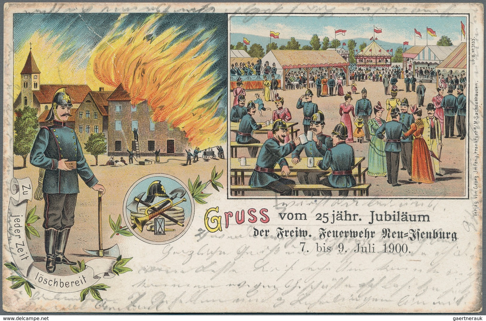 Ansichtskarten: Motive / Thematics: FEUERWHR, Kolorierte Lithographie "Gruss Vom 25jähr. Jubiläum De - Autres & Non Classés