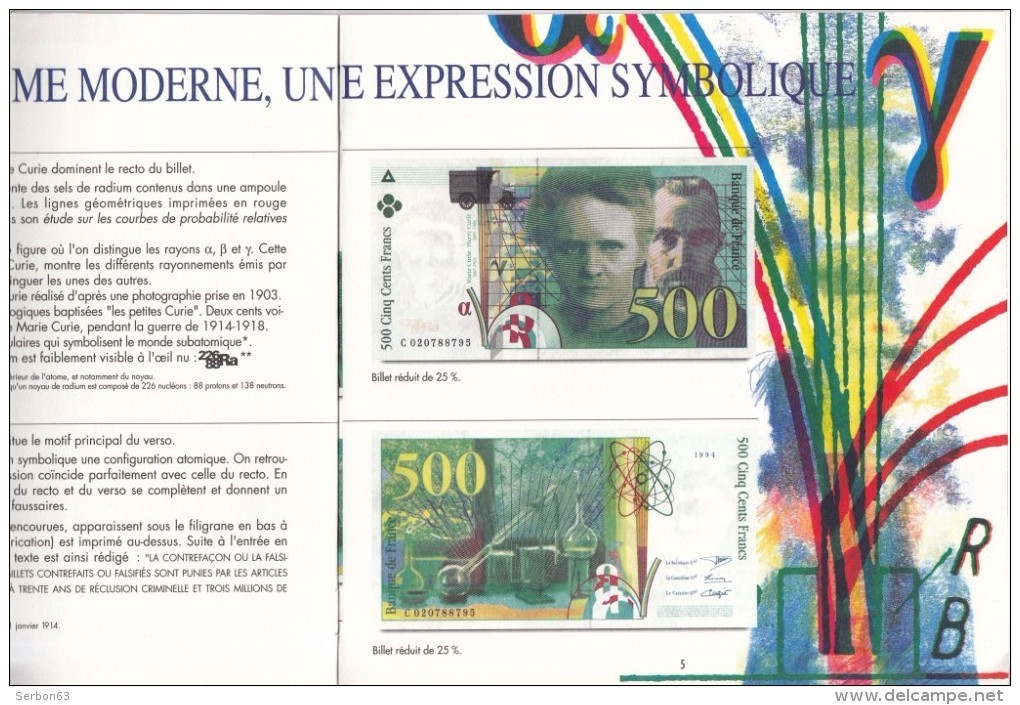 DOCUMENTATION NOUVEAU BILLET DE 500 FRANCS PIERRE ET MARIE CURIE BANQUE DE FRANCE SIGNES POUR L'AUTHENTIFIER PUBLICITE - Specimen