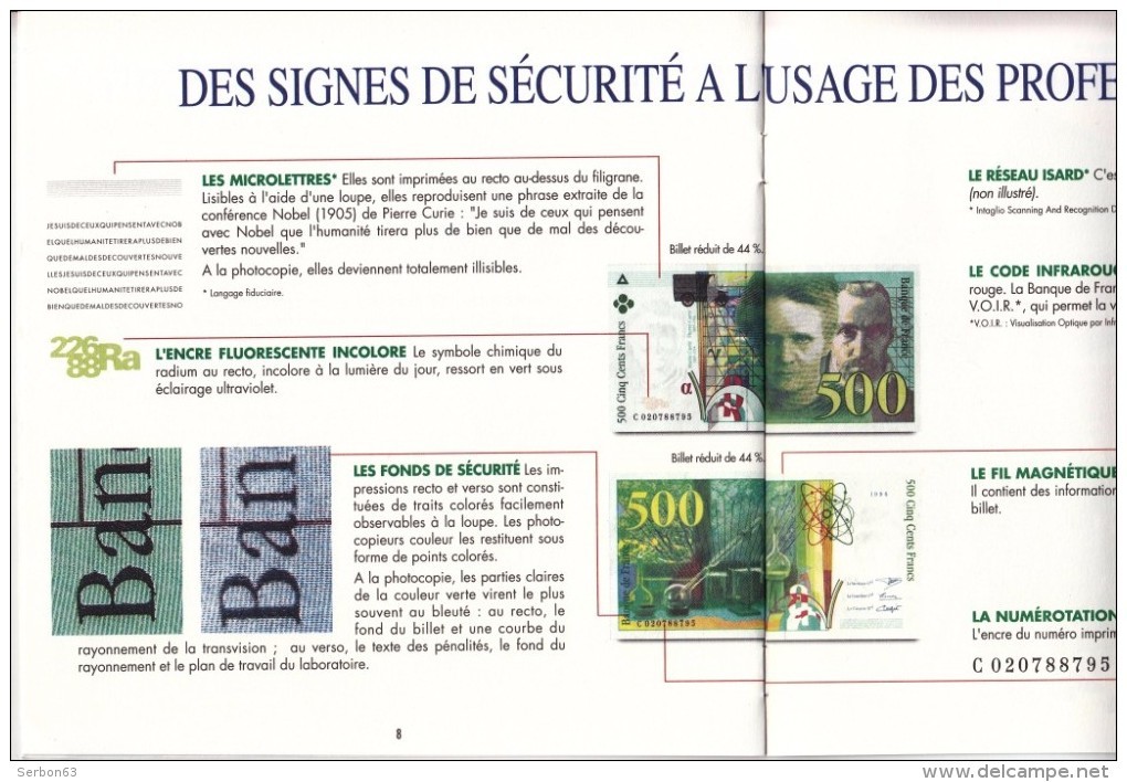 DOCUMENTATION NOUVEAU BILLET DE 500 FRANCS PIERRE ET MARIE CURIE BANQUE DE FRANCE SIGNES POUR L'AUTHENTIFIER PUBLICITE