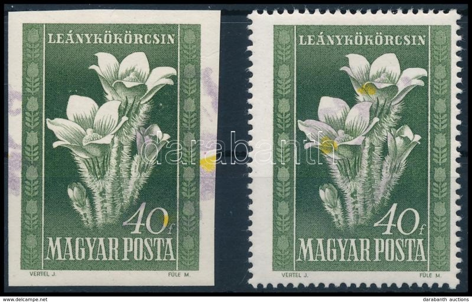 ** 1950 Virág 40f Vágott Bélyeg Fordított és Eltolódott Sárga és Lila Színnyomatokkal / Mi 1113 Imperforate Stamp With I - Andere & Zonder Classificatie