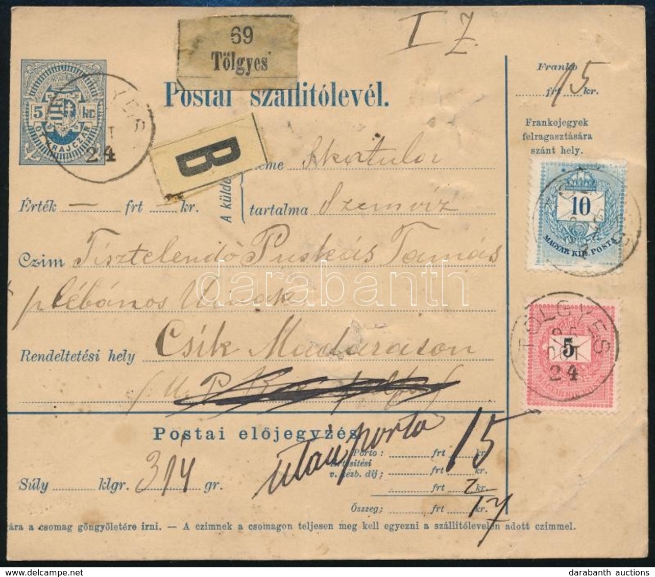 1895 Bal Oldalra Nyomott Díjjegyes Posta Szállítólevél 5kr + 10kr Tarifa + 'után Portó' 15kr + 2kr, Igen Ritka Darab RRR - Altri & Non Classificati