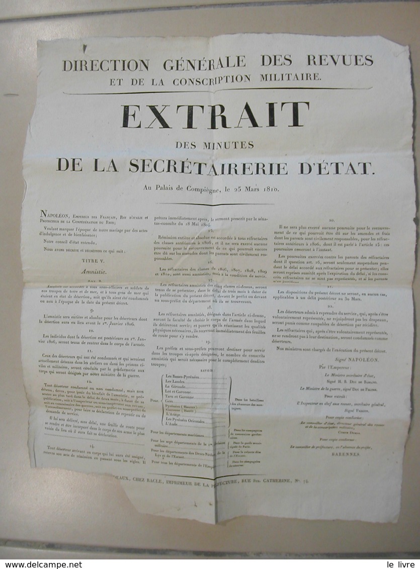 DL55. AFFICHE CONSCRIPTION MILITAIRE COMPIEGNE 1810 AMNISTIE A L'OCCASION DU MARIAGE DE NAPOLEON 1er - Decrees & Laws