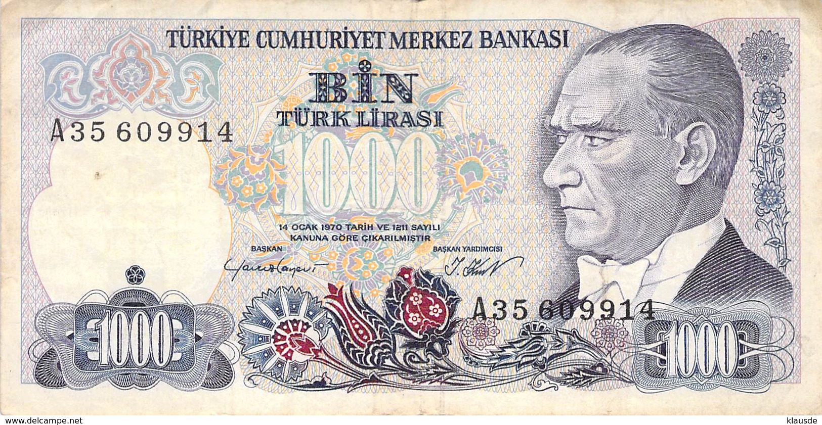 1000 Türk Lira Banknote Türkei VF/F (III) 1970 - Türkei