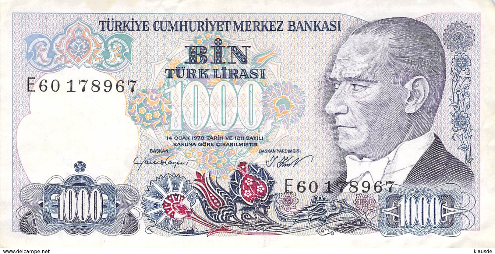 1000 Türk Lira Banknote Türkei VF/F (III) 1970 - Turchia