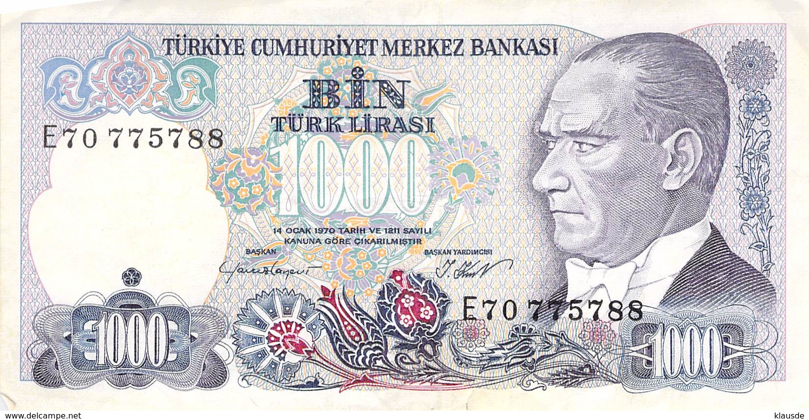 1000 Türk Lira Banknote Türkei VF/F (III) 1970 - Turkije