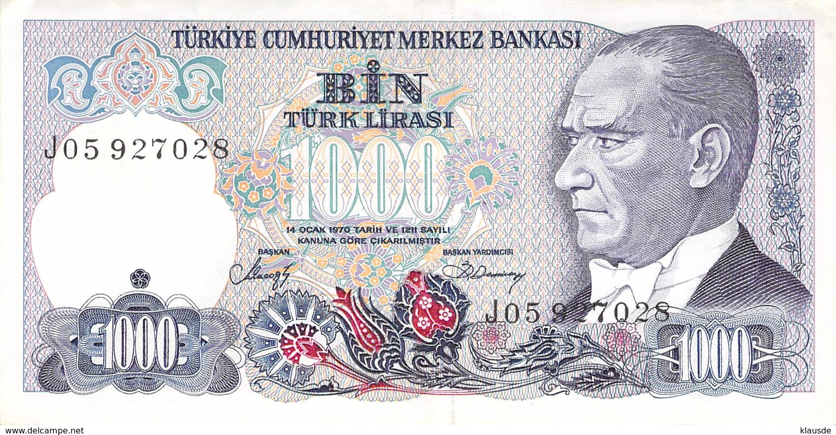 1000 Türk Lira Banknote Türkei VF/F (III) 1970 - Türkei