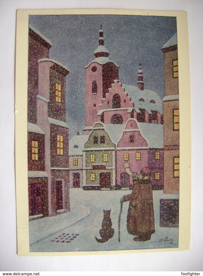 Czech Painter Josef Lada - Merry Christmas - Town, Night Watchman, Dog - 1960s Used - Pintura & Cuadros