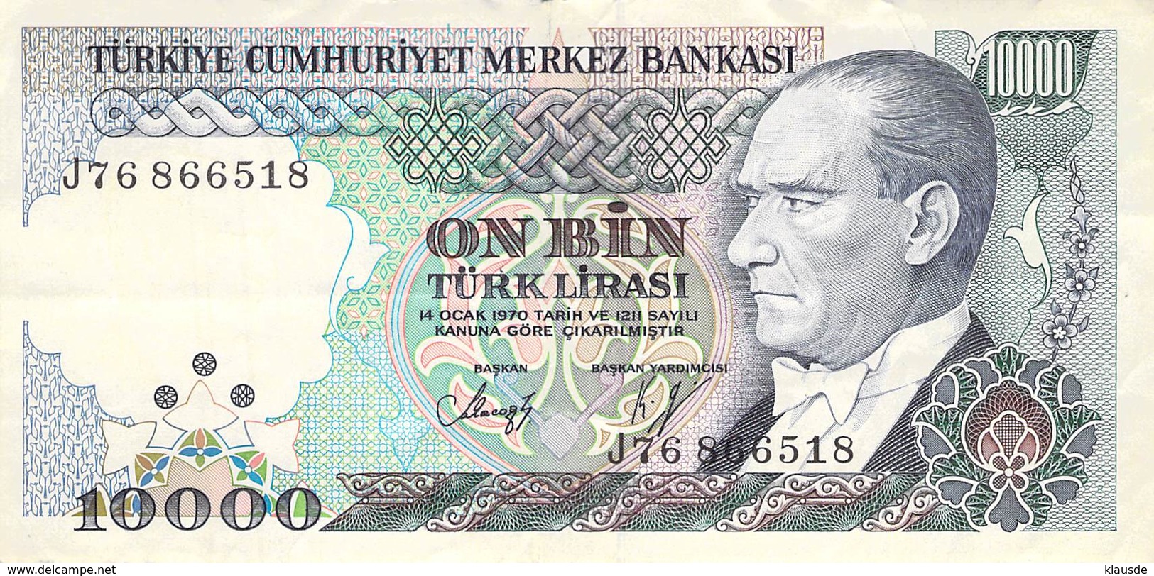 10000 Türk Lira Banknote Türkei VF/F (III) 1970 - Türkei