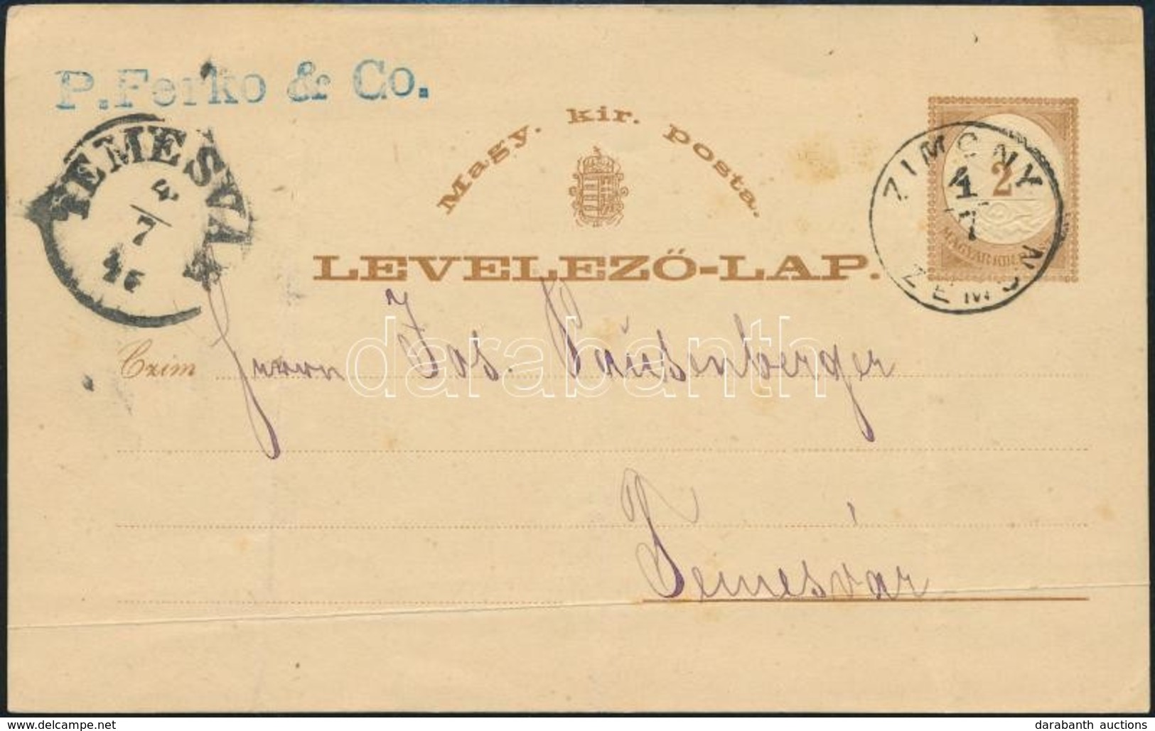 1874 2kr Díjjegyes Levelezőlap, Kék Cégbélyegzővel  'ZIMONY / ZEMUN' - 'TEMESVÁR' - Other & Unclassified