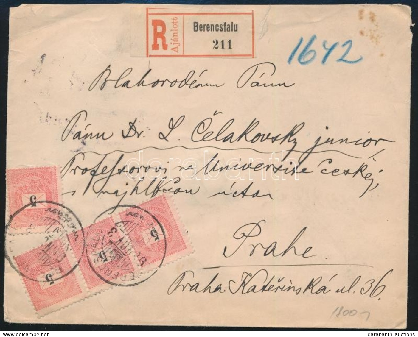 1896 Ajánlott Levél 4 X 5kr (benne 3-as Csík) Bérmentesítéssel 'BERENCSFALU' - Prága - Andere & Zonder Classificatie