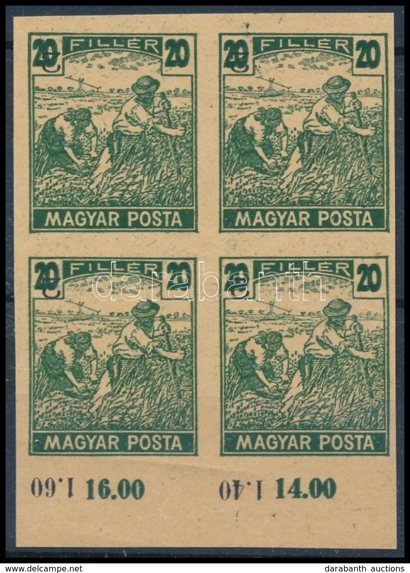 (*) 1919 Magyar Posta 20f Sötétzöld, Vágott Próbanyomat Elcsúszott értékszámmal Négyestömbben Alsó ívszéllel, Vastagabb  - Andere & Zonder Classificatie