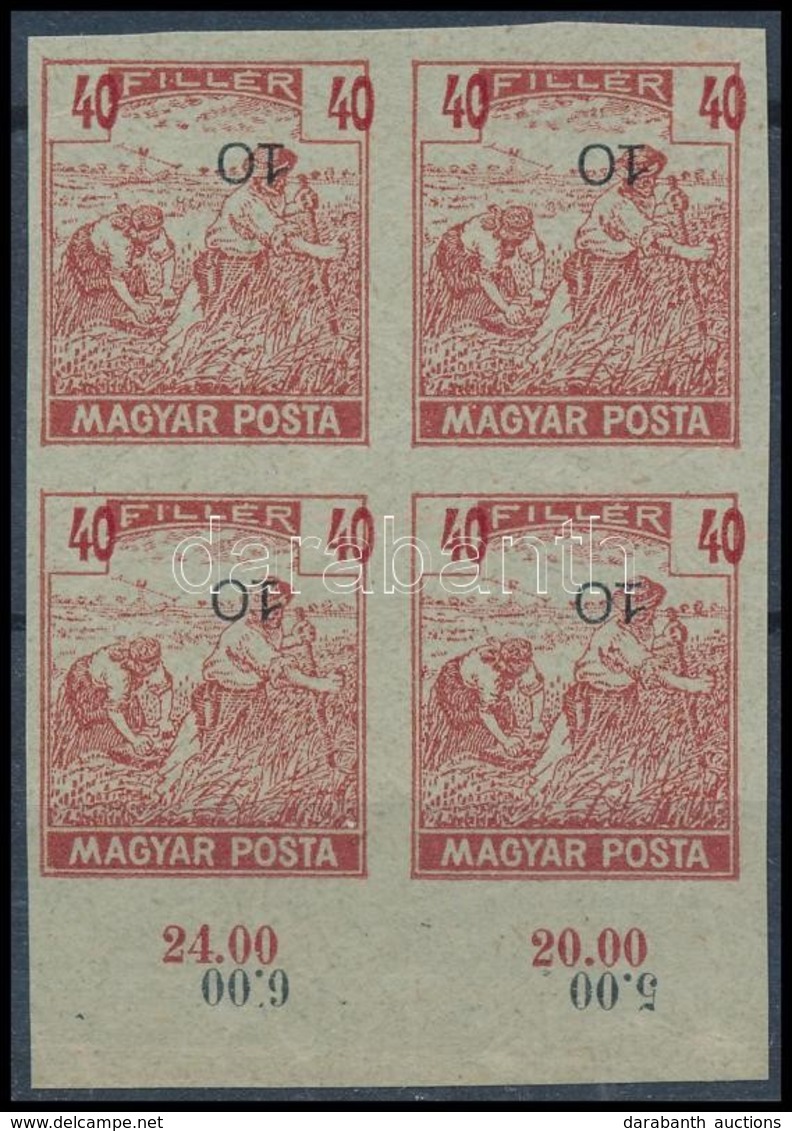 (*) 1919 Magyar Posta 40f Kármin, Vágott Próbanyomat Elcsúszott értékszámmal Alsó ívszéli Négyestömbben, Vastagabb Enyve - Andere & Zonder Classificatie