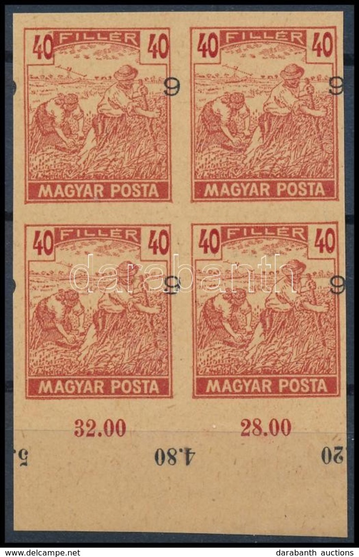 (*) 1919 Magyar Posta 40f Kármin, Vágott Próbanyomat Elcsúszott értékszámmal Alsó ívszéli Négyestömbben, Vastagabb Enyve - Andere & Zonder Classificatie