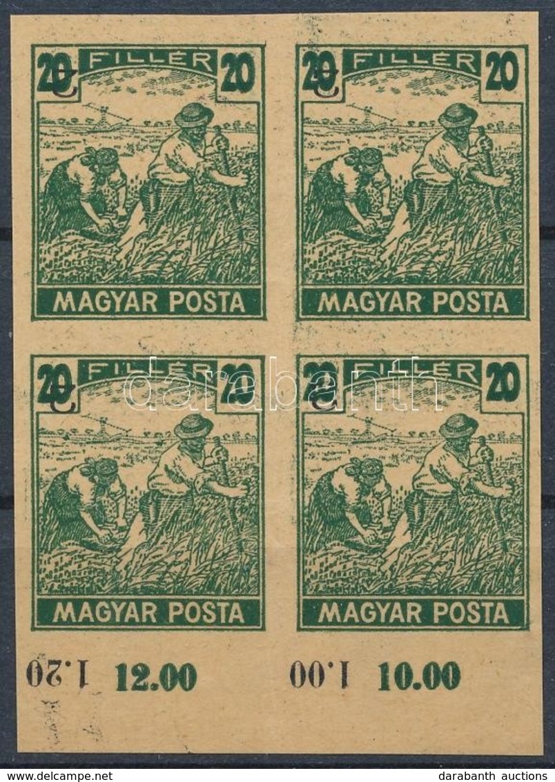 (*) 1919 Magyar Posta Arató 20f Sötétzöld Próbanyomat Elcsúszott értékszámmal Vágott Négyestömbben Alsó ívszéllel, Vasta - Altri & Non Classificati