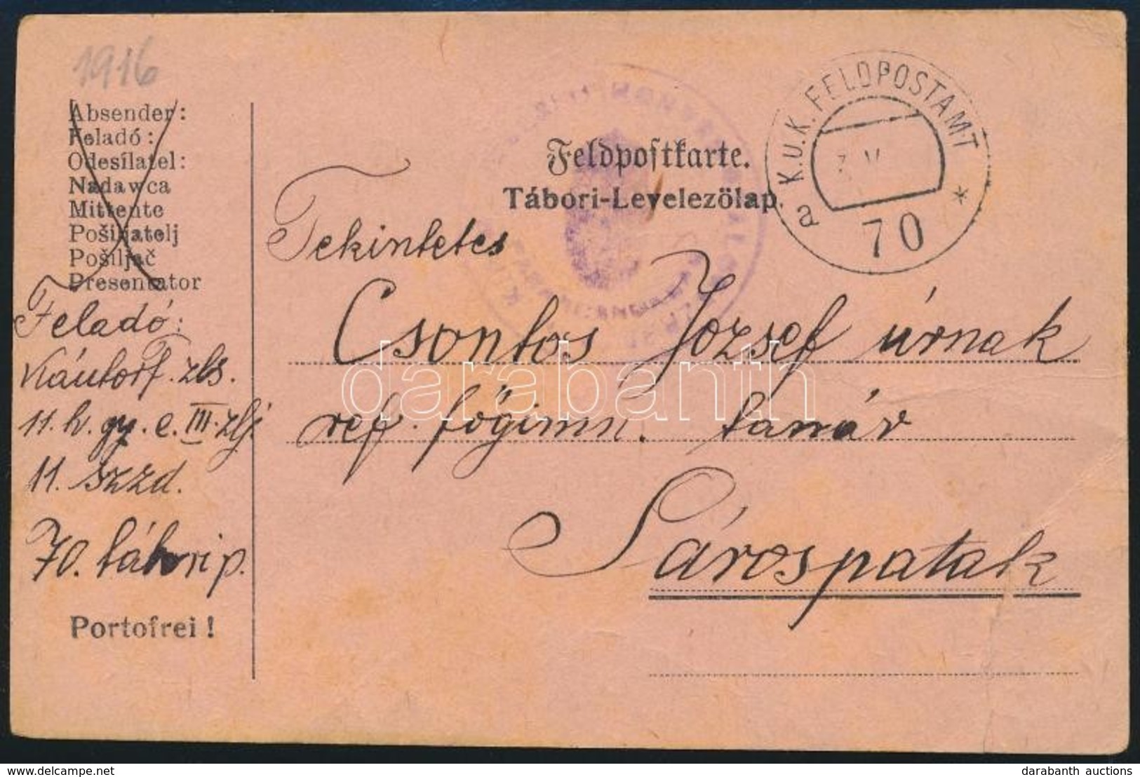 1916 Tábori Posta Levelezőlap 'FP 70 A' (szakadás / Tear) - Andere & Zonder Classificatie