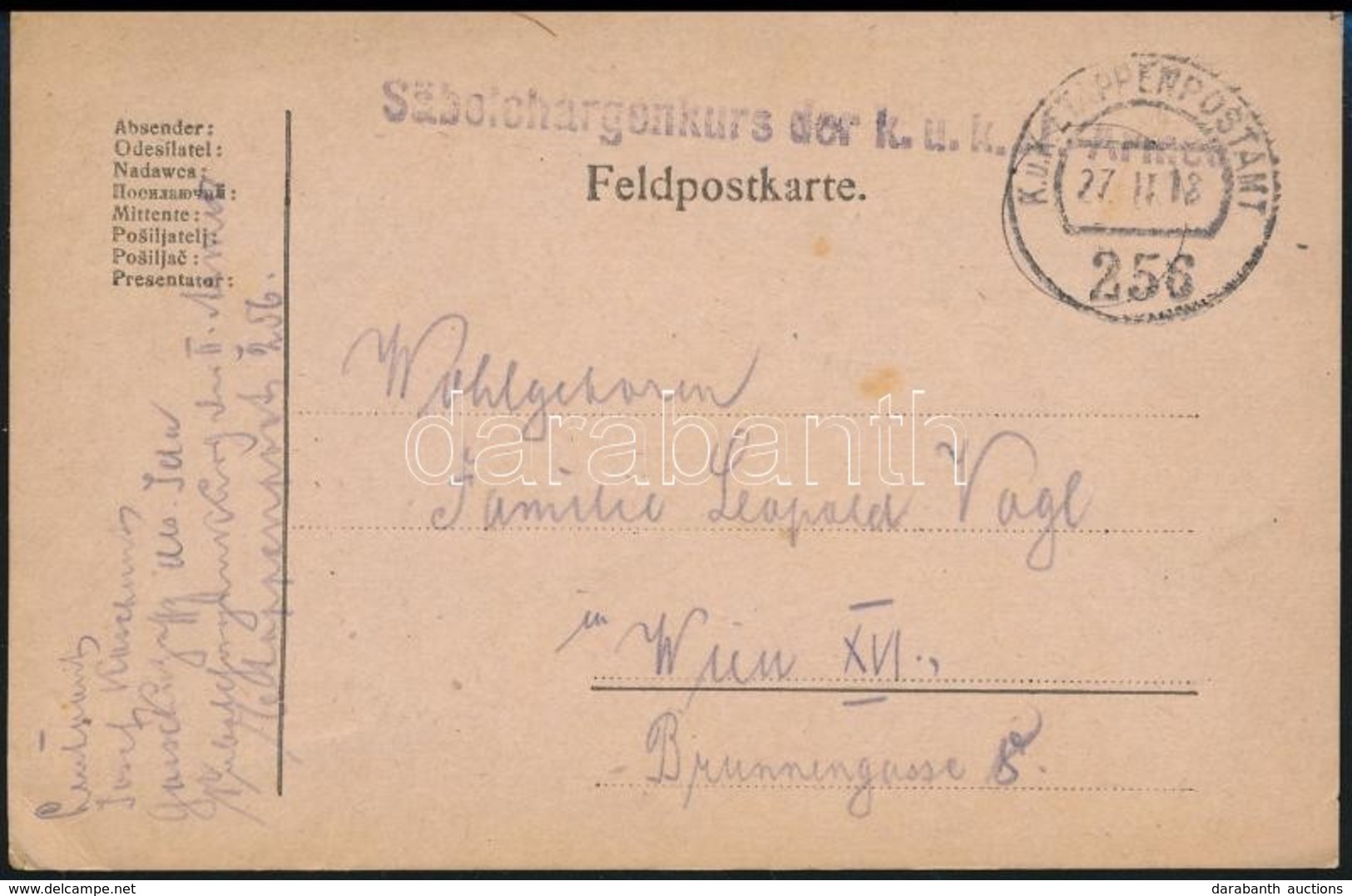 1918 Tábori Posta Levelezőlap 'Säbelchargenkurs Der K.u.k. I. Armee' + 'EP 256' - Andere & Zonder Classificatie
