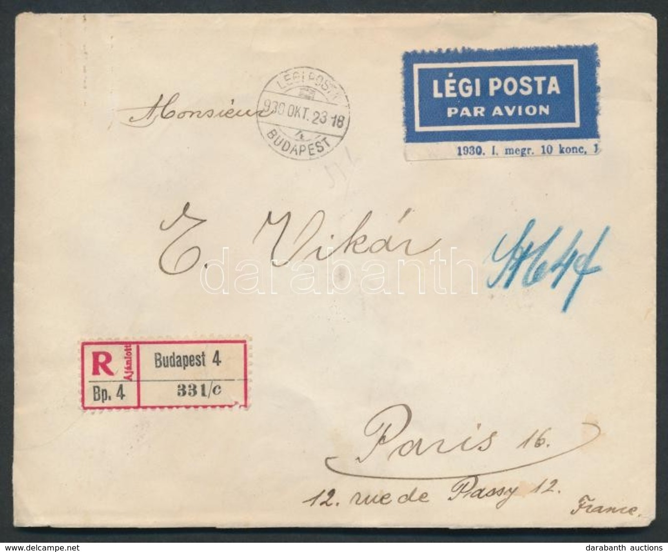 1930 Ajánlott Légi Levél Párizsba / Registered Airmail Cover To Paris - Altri & Non Classificati
