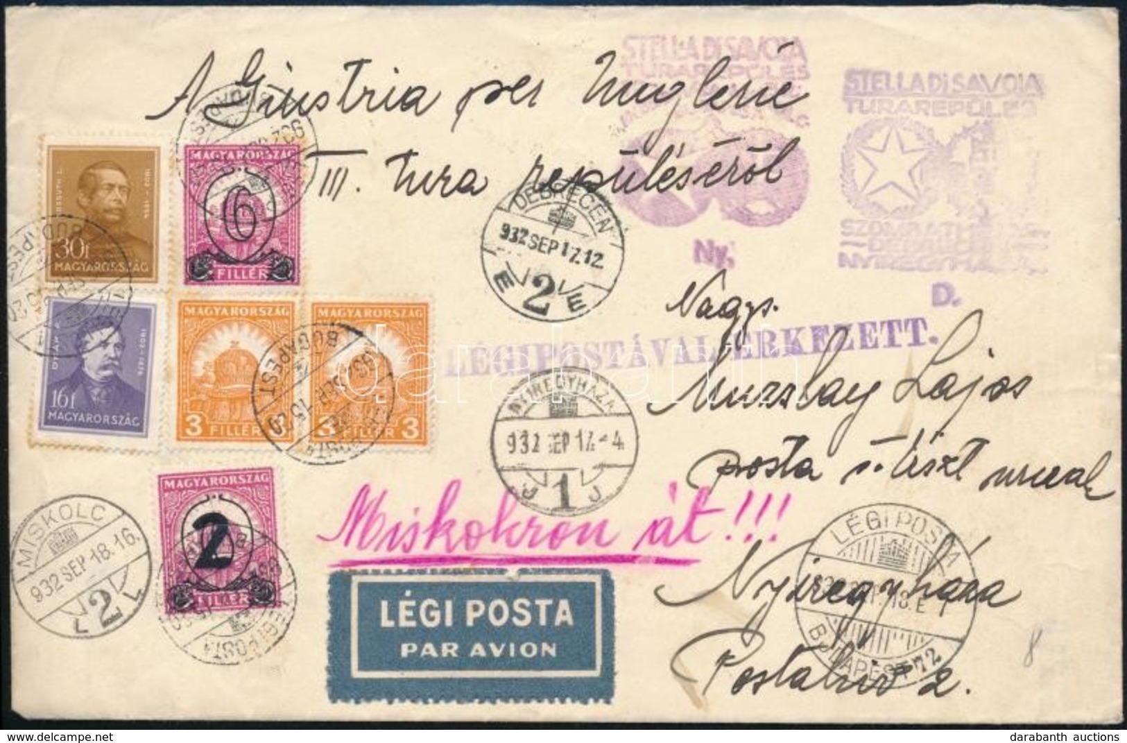 1932 Budapest - Debrecen- Nyíregyháza - Miskolc - Budapest Stella Di Savoia Túrarepülés Levél - Andere & Zonder Classificatie