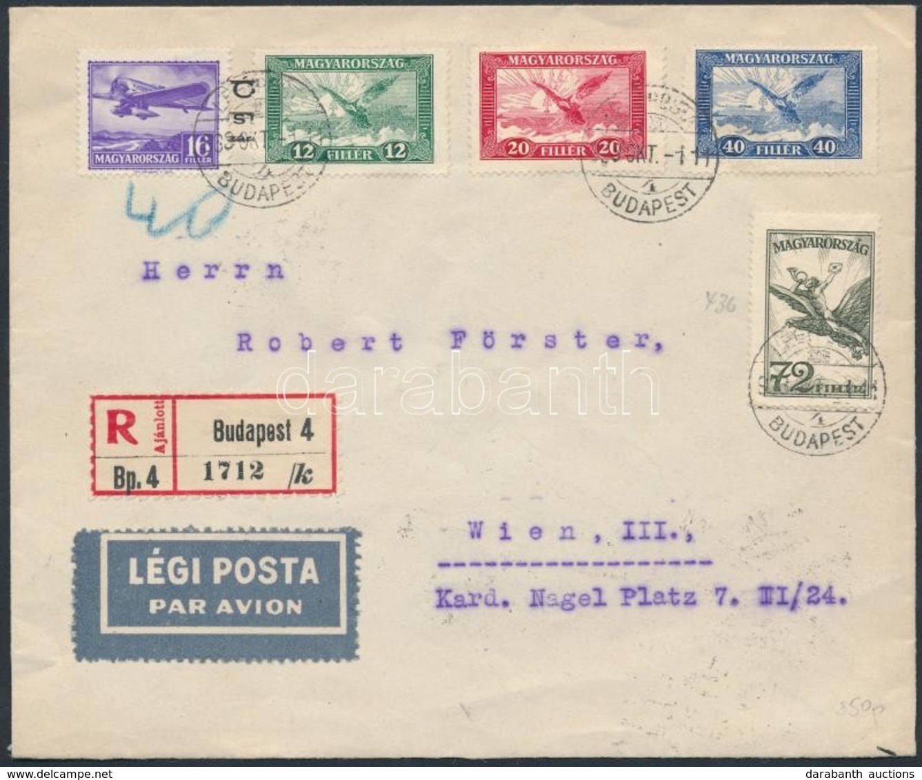 1933 Ajánlott Légi Levél Bécsbe / Registered Airmail Cover To Vienna - Altri & Non Classificati