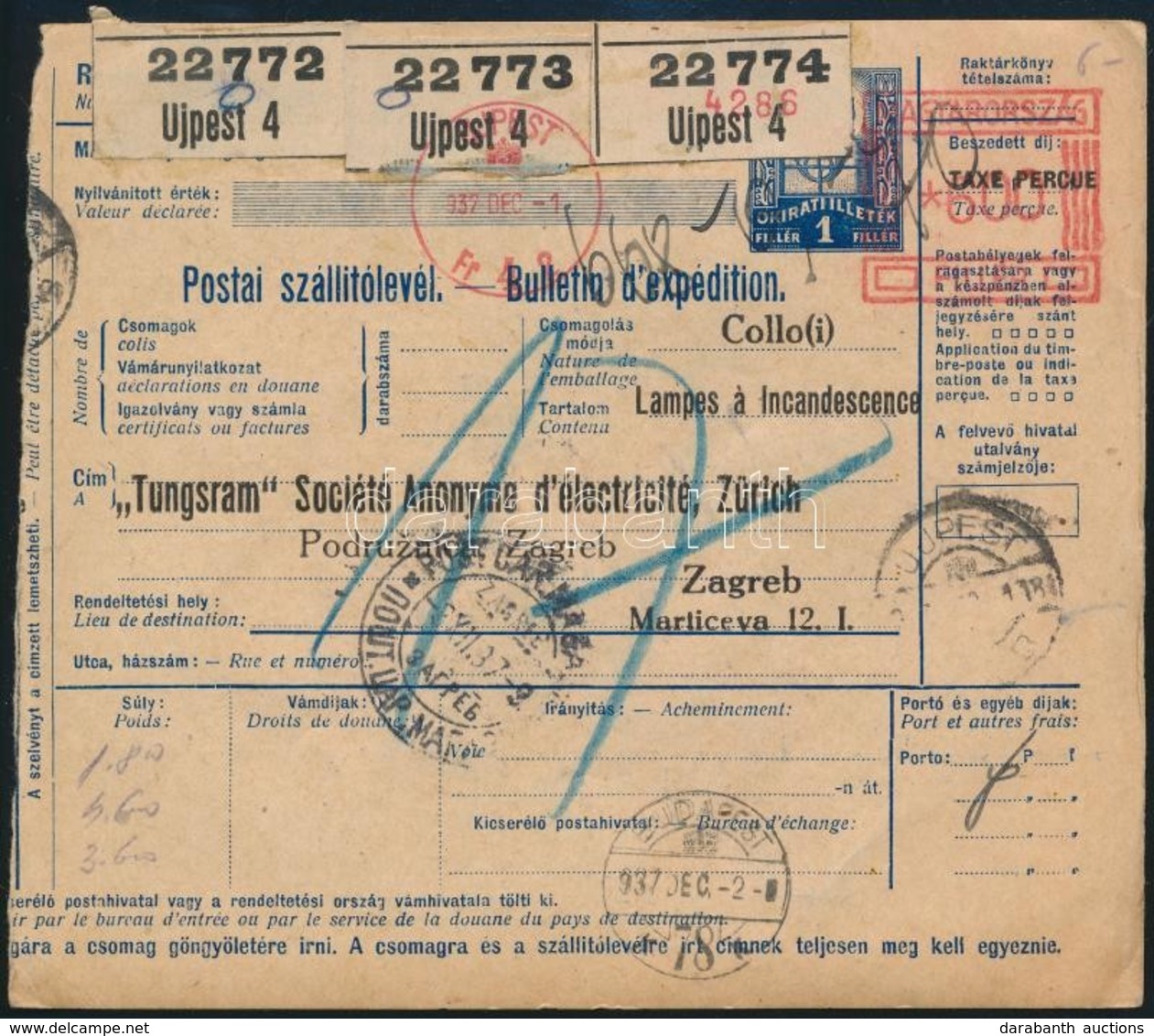 1937 Szállítólevél 600f Frankotyp Bérmentesítéssel 'ÚJPEST' - Zágráb, Portózva - Sonstige & Ohne Zuordnung