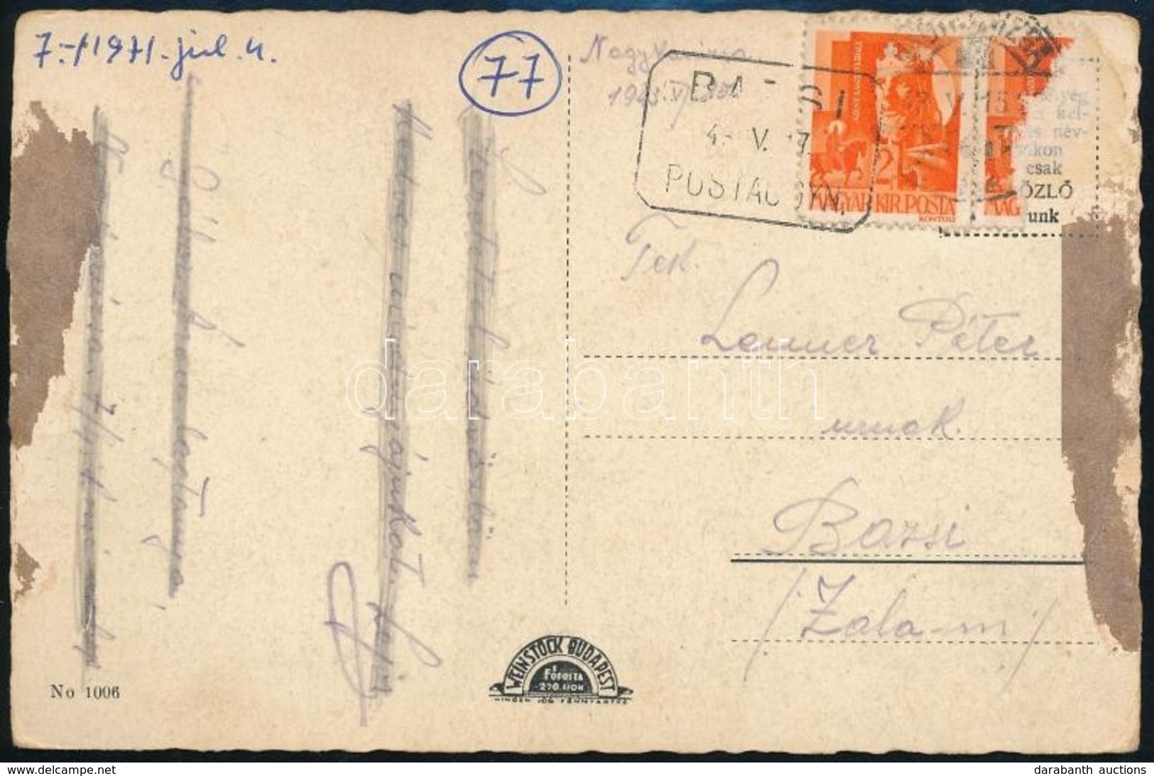 1943 Képeslap BAZSI Postaügynökségi Bélyegzéssel - Sonstige & Ohne Zuordnung
