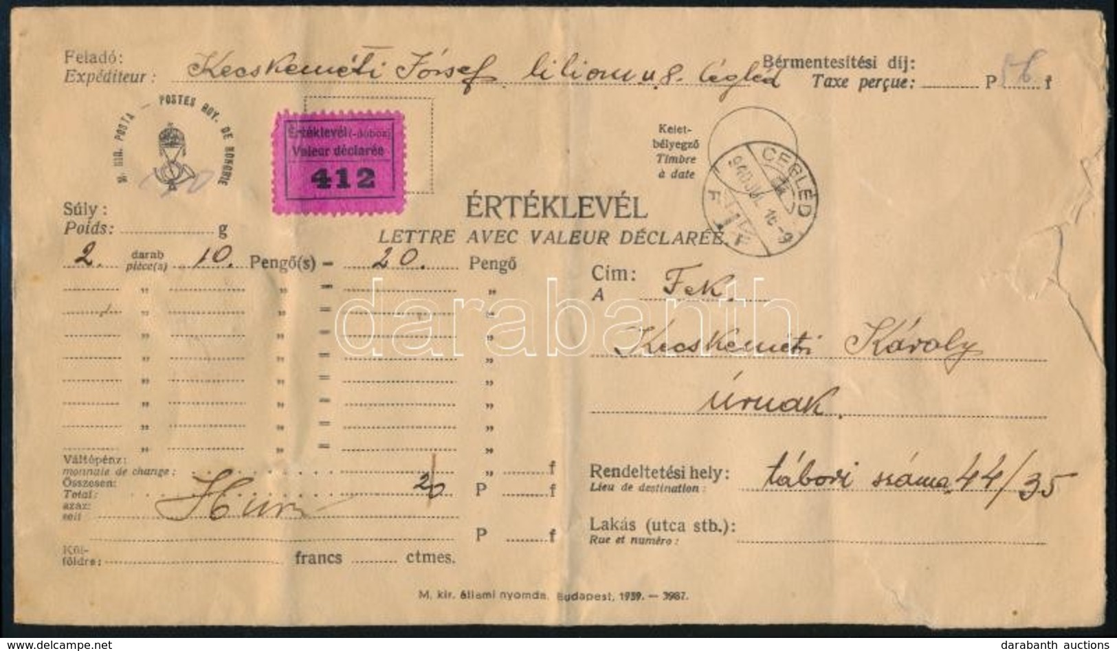 1940 Pénzeslevél Tábori Postaszámra Küldve - Altri & Non Classificati