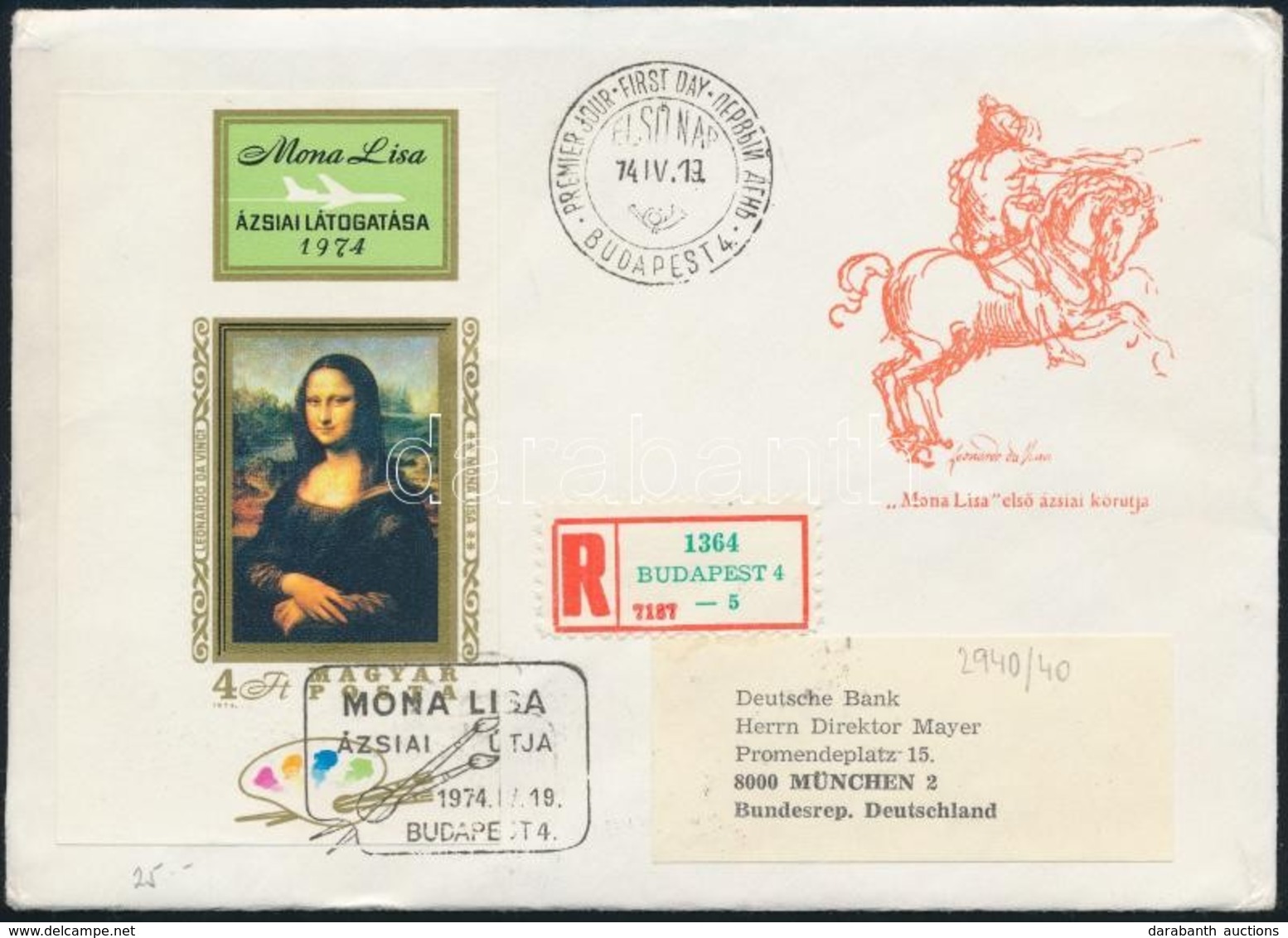 1974 Mona Lisa Vágott ívsarki Szelvényes Bélyeg Ajánlott FDC-n - Altri & Non Classificati