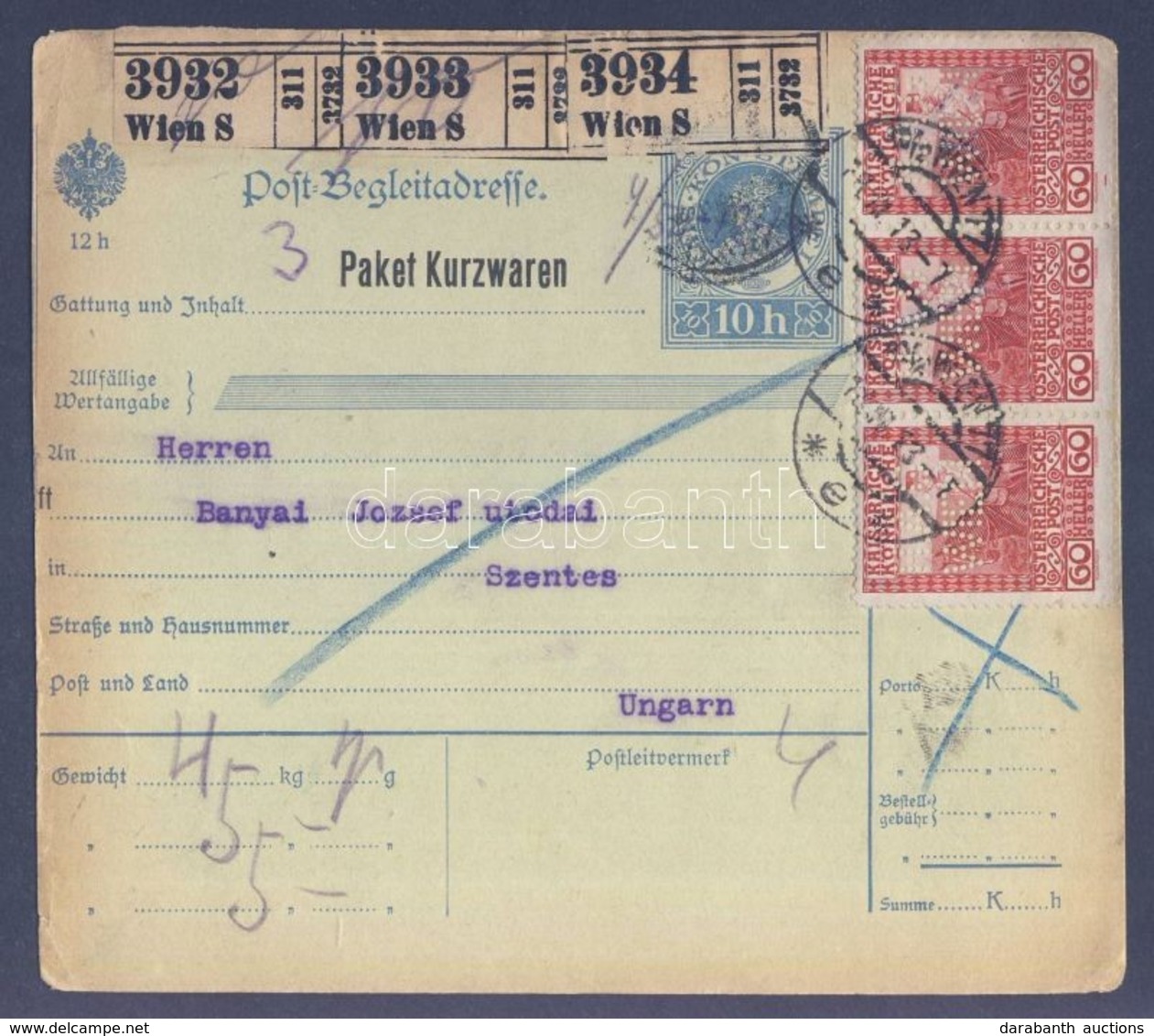 1913 3 Csomag Szállítólevele HAG WIEN Céglyukasztásos Bélyegekkel Szentesre / Parcel Card Of 3 Parcels To Hungary With S - Other & Unclassified