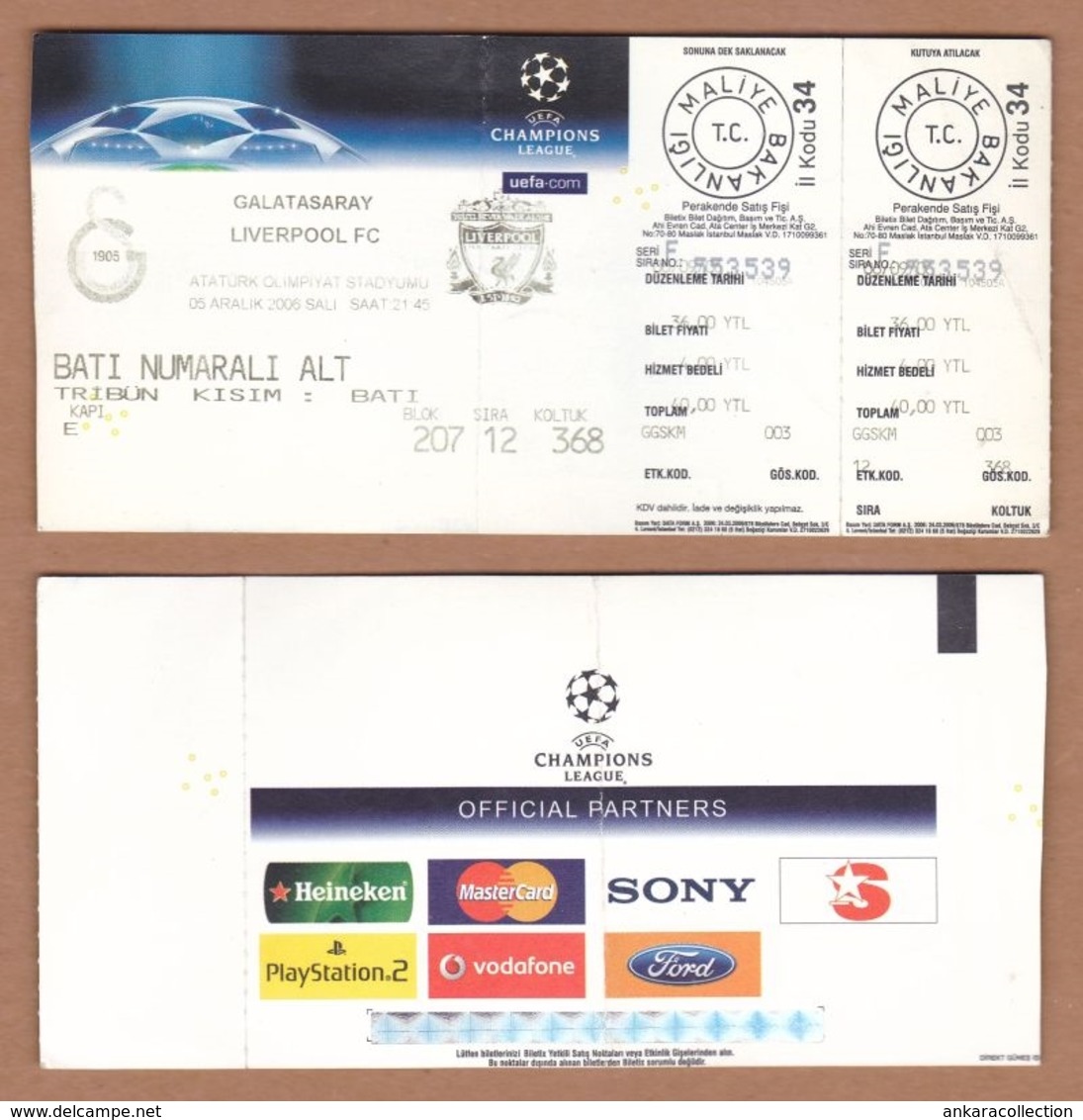 AC - GALATASARAY SK v LIVERPOOL FC CHAMPIONS LEAGUE 05 DECEMBER 2006 FOOTBALL - SOCCER TICKET - Match Tickets