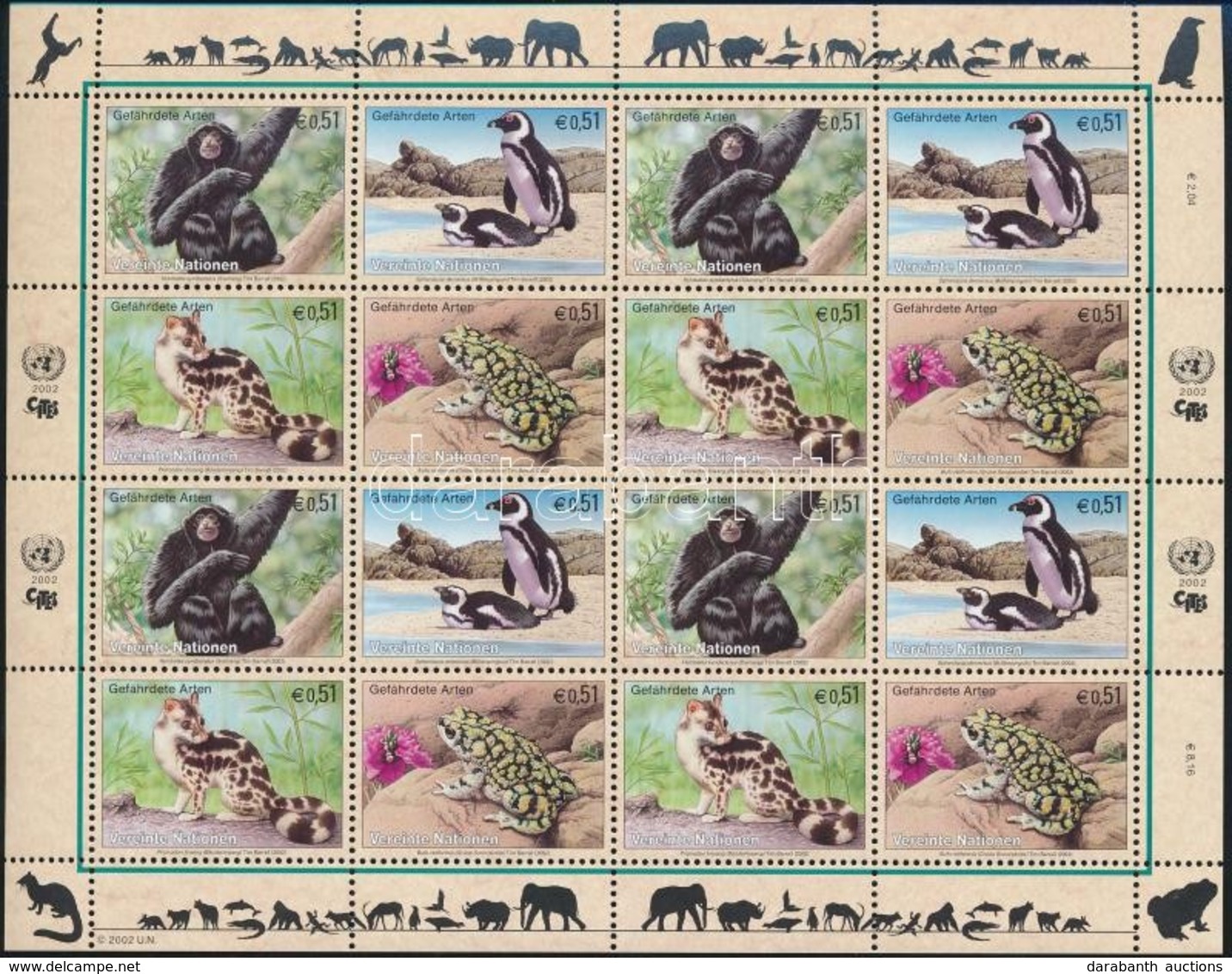 ** 2002 Veszélyeztetett állatok Kisív,
Endangered Species Minisheet
Mi 357-360 - Andere & Zonder Classificatie