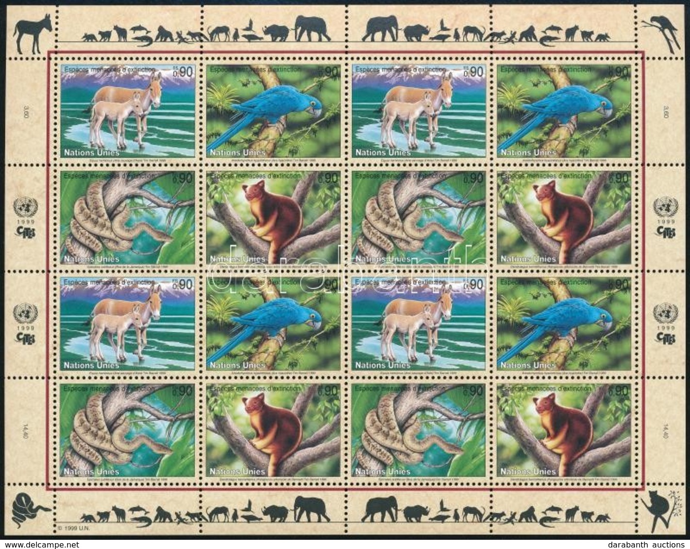 ** 1999 Veszélyeztetett állatok Kisív,
Endangered Species Minisheet
Mi 369-372 - Andere & Zonder Classificatie