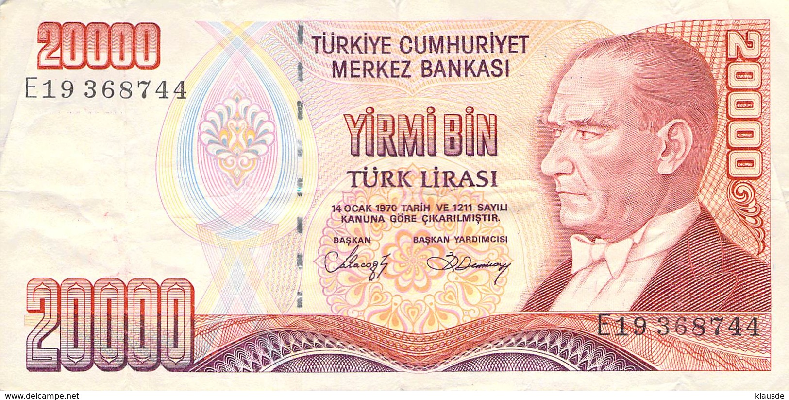 20000 Türk Lira Banknote Türkei VF/F (III) 1970 - Turkey