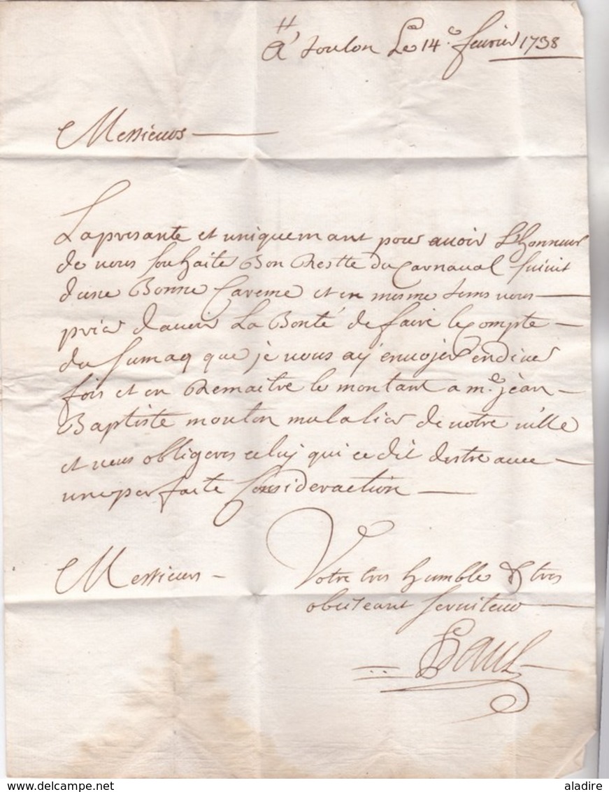1738 - Marque Manuscrite Sur Lettre Avec Correspondance De Toulon Vers Brignolle/Brignoles, Var - Règne De Louis XV - 1701-1800: Voorlopers XVIII