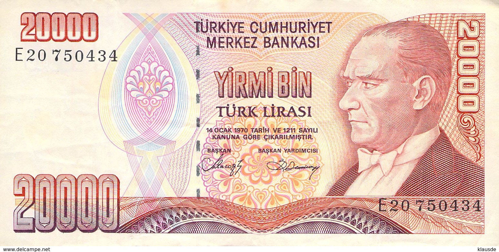 20000 Türk Lira Banknote Türkei VF/F (III) 1970 - Türkei