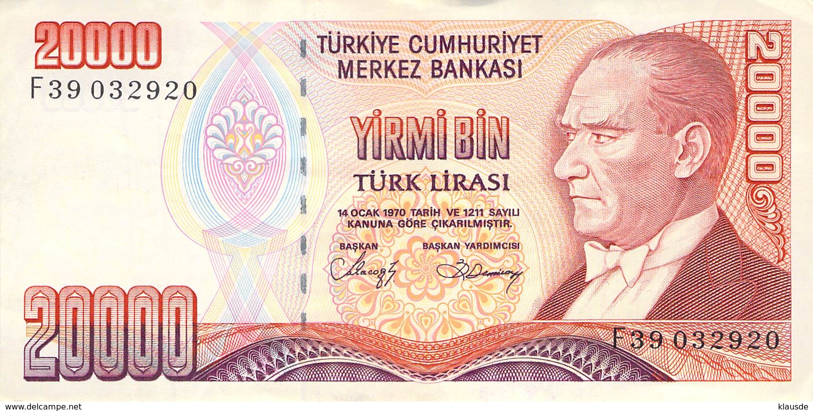 20000 Türk Lira Banknote Türkei VF/F (III) 1970 - Turchia