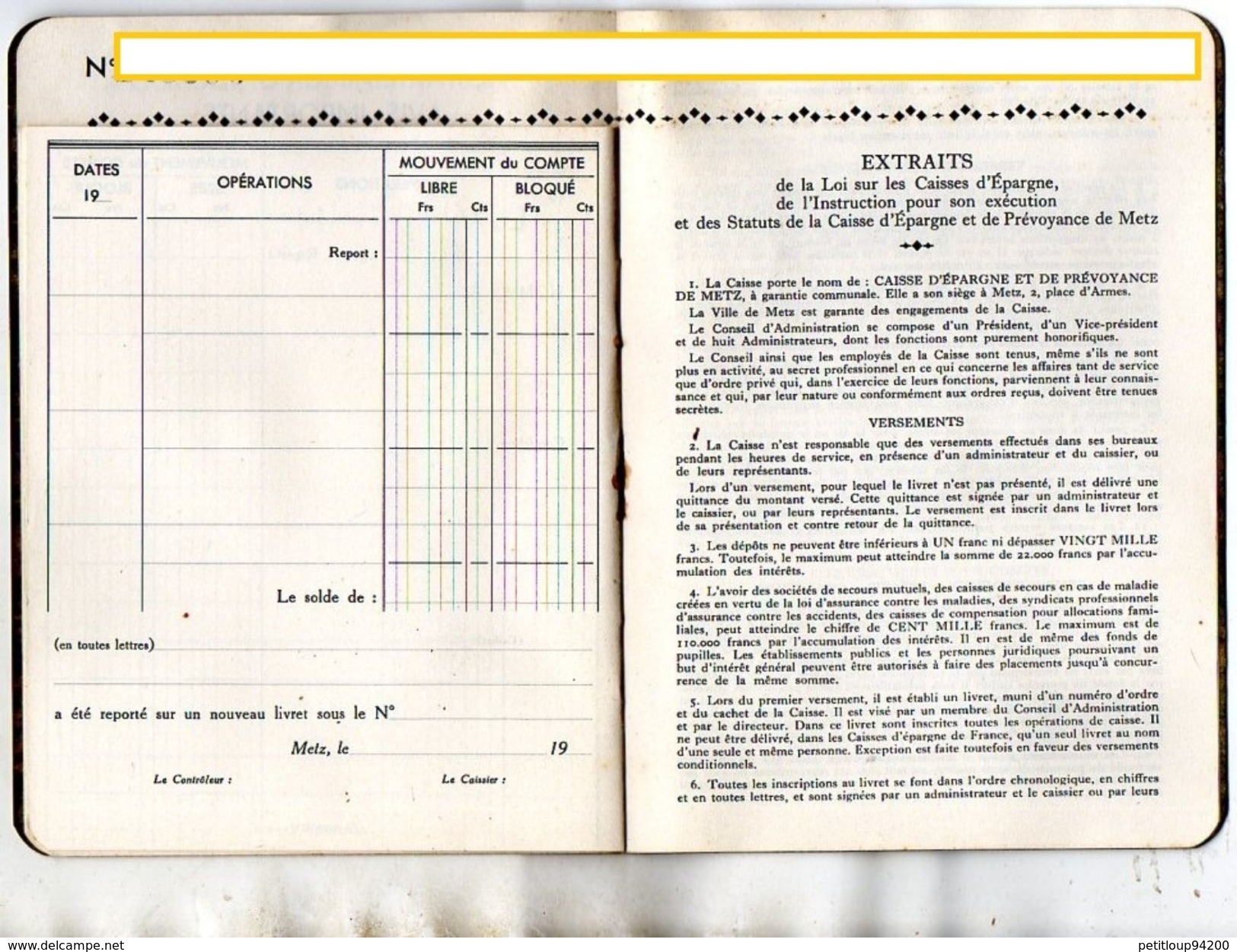 LIVRET CAISSE d'EPARGNE de METZ  Année 1940