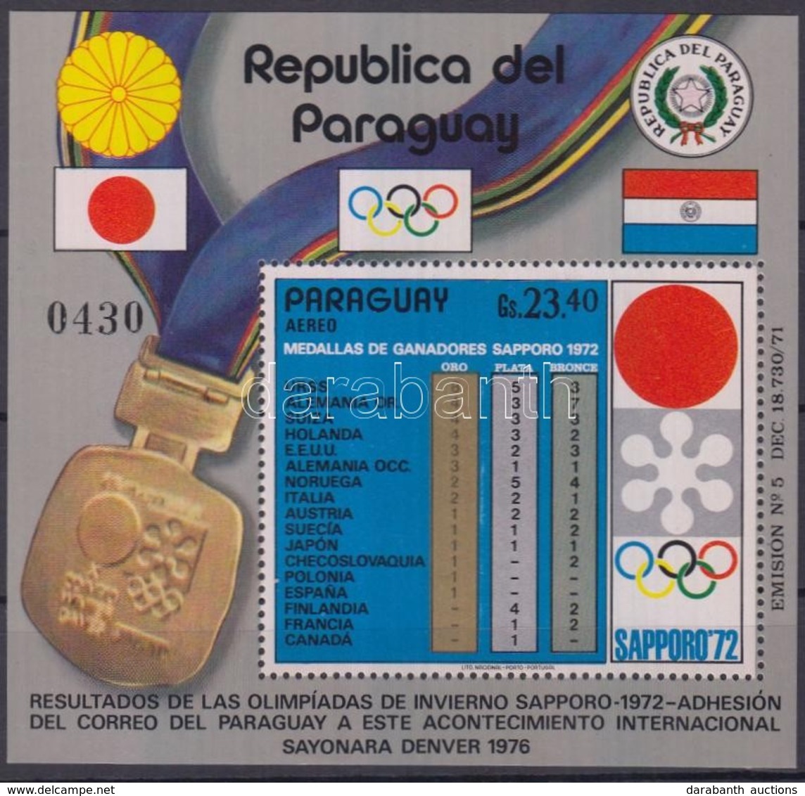 ** 1972 Téli Olimpia, Sapporo Blokk Mi 192 - Andere & Zonder Classificatie