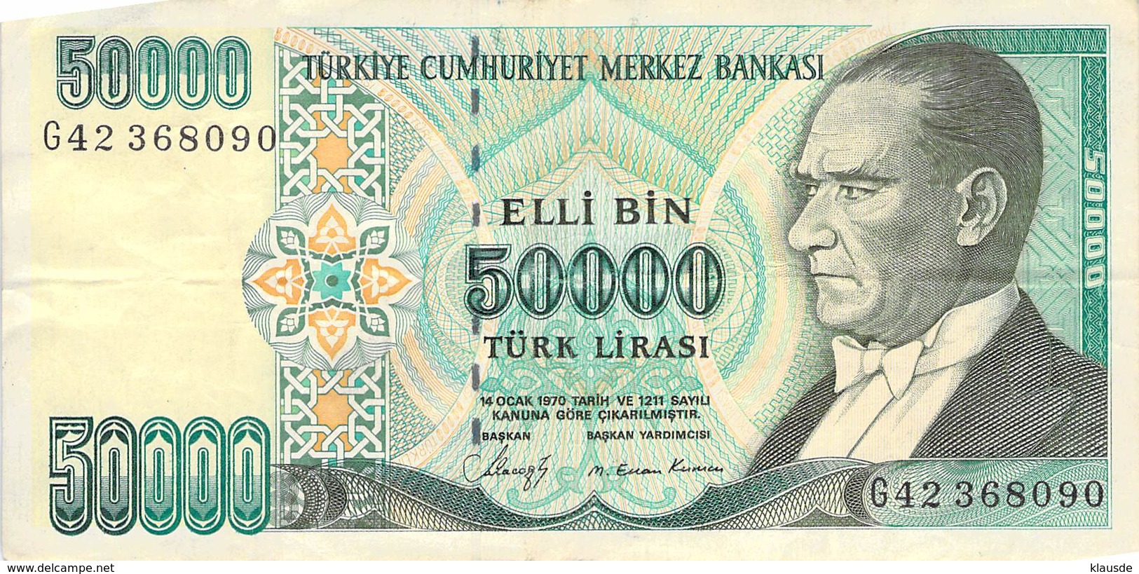 50000 Türk Lira Banknote Türkei VF/F (III) 1970 - Türkei