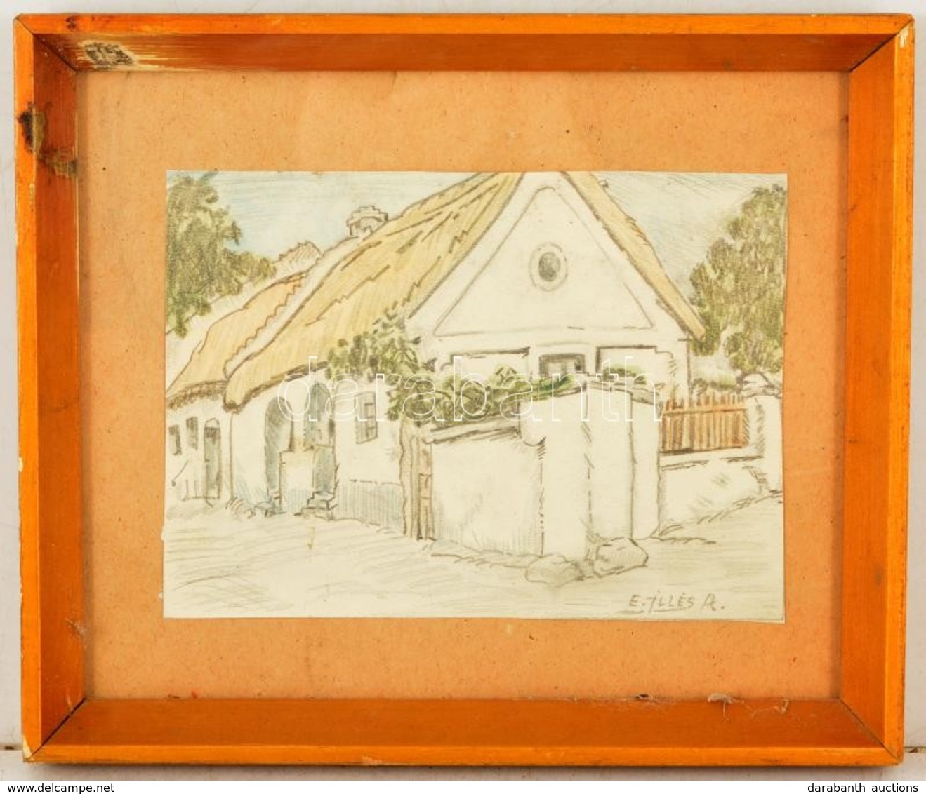 Illés Jelzéssel: Parasztház. Színes Ceruza, Papír, üvegezett Keretben, 13,5×19 Cm - Andere & Zonder Classificatie